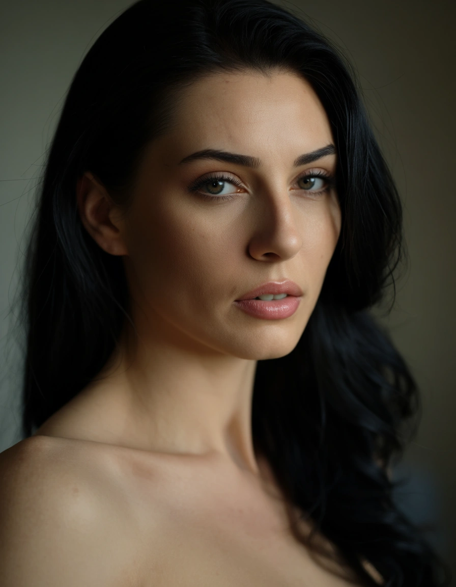 A woman without clothes, her hair is black., score_9, score_8, candid photo, realistic skin texture, visible skin pores, film grain, depth of field
