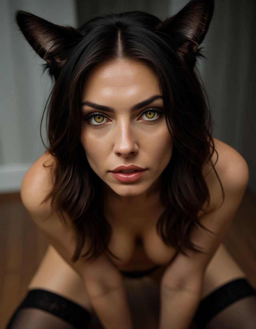 highly detailed, natural lighting, catgirl, creampie, black thighhighs, dominant stare, RAW photo, score_9, score_8, candid photo, realistic skin texture, visible skin pores, film grain, depth of field