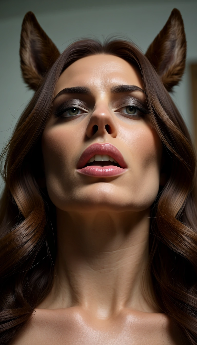ultra HD, lifelike, from below, 1woman, deepthroat, horse ears, blurry background, hyperrealistic