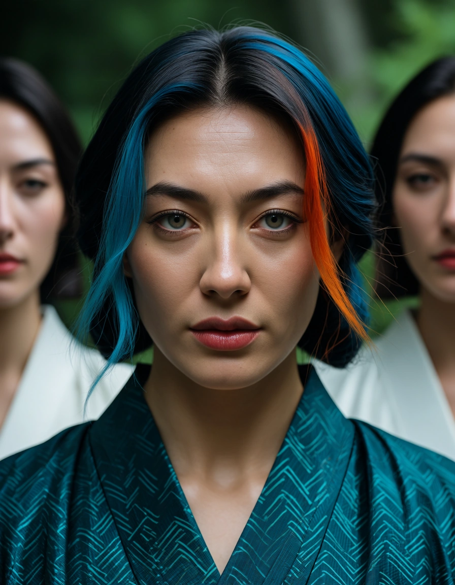 8k, sharp focus, detailed skin, 3girls, multicolored hair, japanese clothes, creampie, natural skin texture, score_9, score_8, candid photo, realistic skin texture, visible skin pores, film grain, depth of field