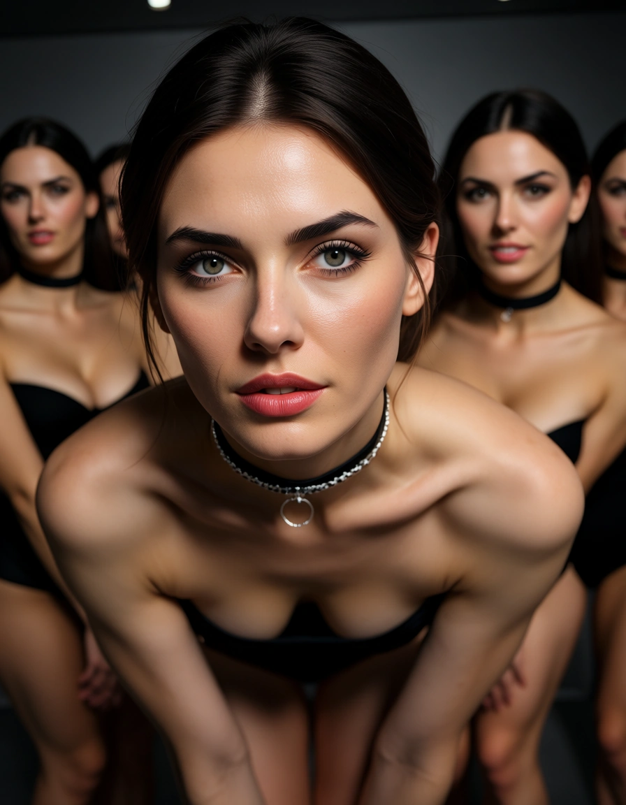 best quality, hyperrealistic, 6+women, choker, bent over, lifelike render, score_9, score_8, candid photo, realistic skin texture, visible skin pores, film grain, depth of field