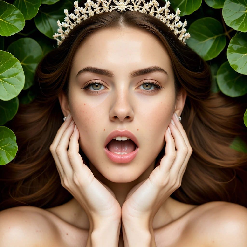 RAW photo, ultra realistic, portrait, princess, missionary, hands up, leaf, intense passion, studio photo