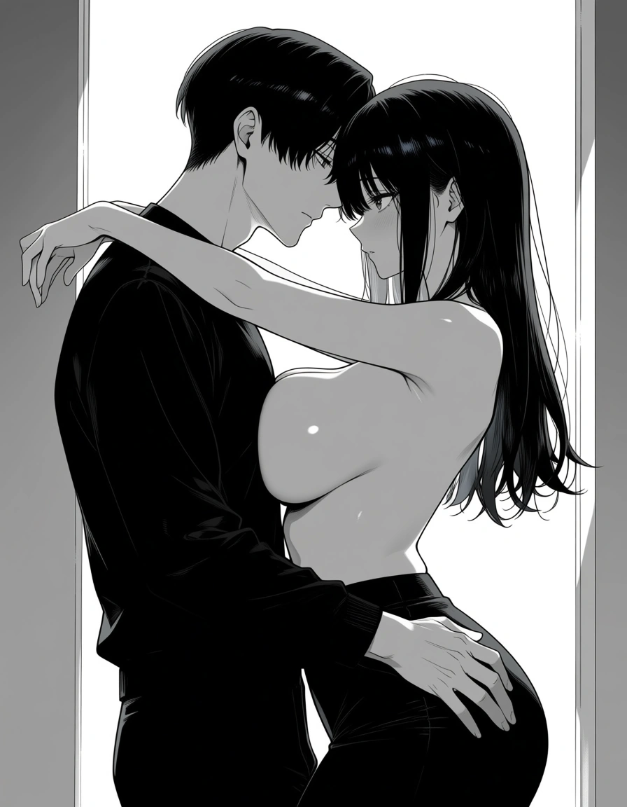 masterpiece, clean art, couple, wide hips, long sleeves, topless, tender moment, manga panel look, hentai_studio_quality