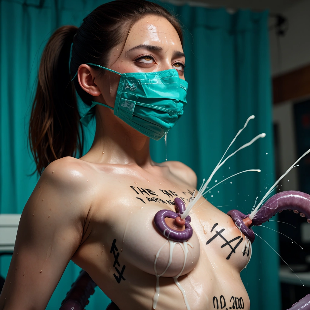 small_breasts, short, Japanese surgery_platform, ahegao, tentacles, breast lactation, body_writing, ponytail, sweat, covered_eyes, covered_mouth, nipple_fuck, score_9, score_8, candid photo, realistic skin texture, visible skin pores, film grain, depth of field