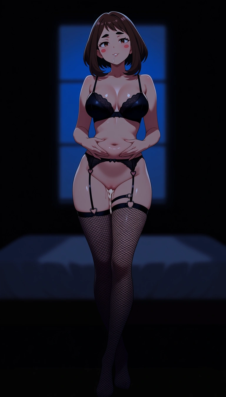 @uraraka_ochaco,18+ , perfect body,rounded hips,  detailed body, medium_breasts ,super slutty droopy erotic,  slightly bigger thighs, shiny skin, standing in  dark bedroom in fron of window , seductive_smile, black bra, no panties , black fishnet high Stockings , black garter_belt,  string lingerie, pursed lips, thigh accessory,  night, night sky light, soft light, smooth light,  night light in bedroom, cum_in_pussy , cumdrip , cum_in_mouth, full_body, hands on belly, crossed_legs, shifted waist,, amazing quality, volumetric lighting, depth of field, hentai_studio_quality