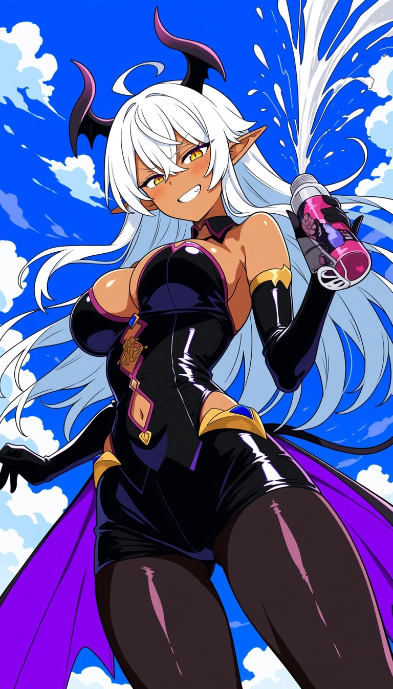 dslr, film grain, photorealistic, demon girl, dark-skinned female, pantyhose, squirting, white hair, skinny with large breasts_out dslr quality