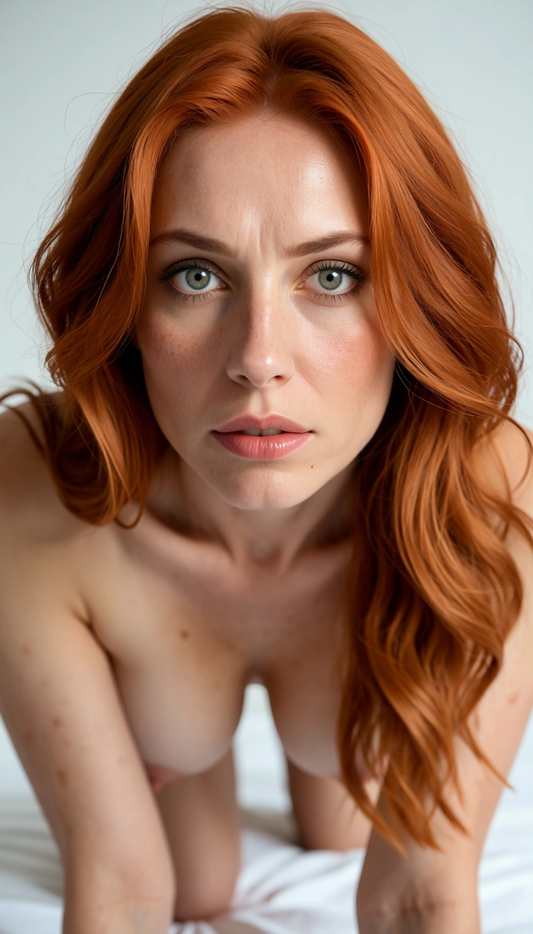 best quality, hyperrealistic, close-up, redhead woman, on all fours, collarbone, white background, nervous blush, natural skin texture