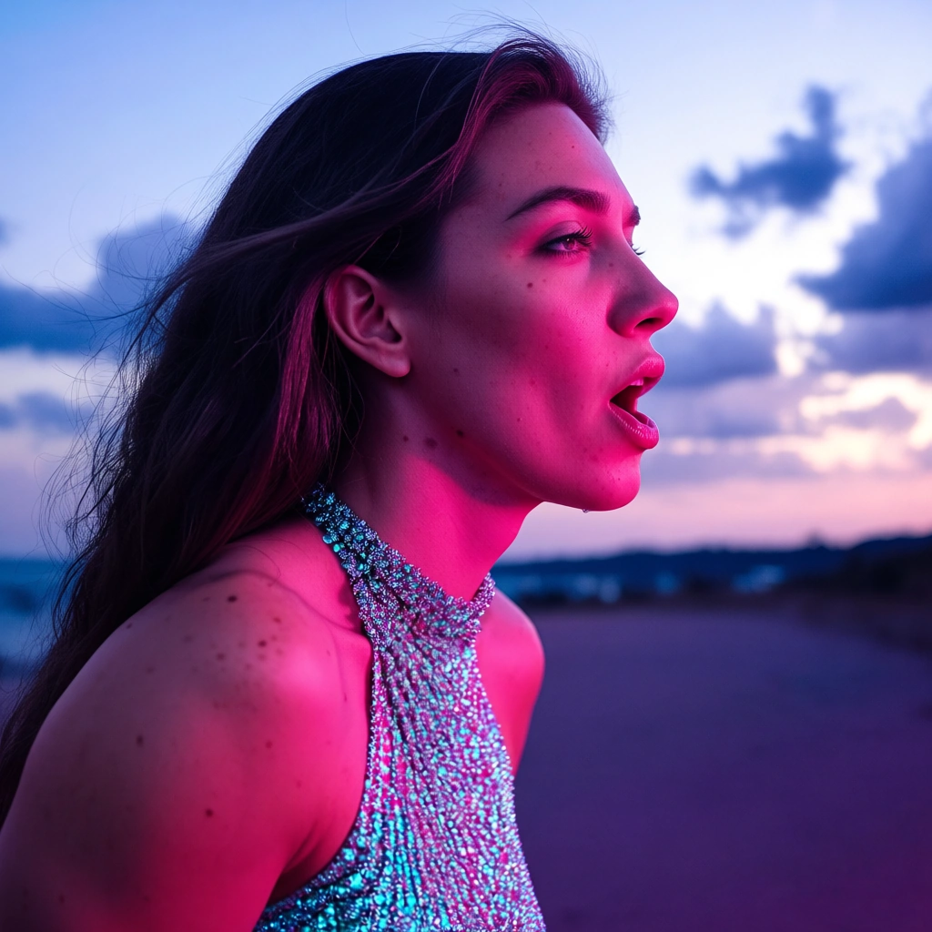 professional photo, high detail, fitness model, bare arms, cocktail dress, deepthroat, cloudy sky, neon glow, natural skin texture