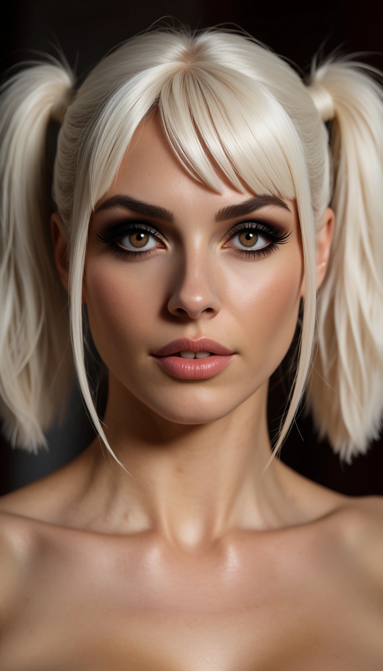 Alt woman, platinum blonde, pigtails, micro bangs, hazel eyes, eyeliner, cream pie, big tits