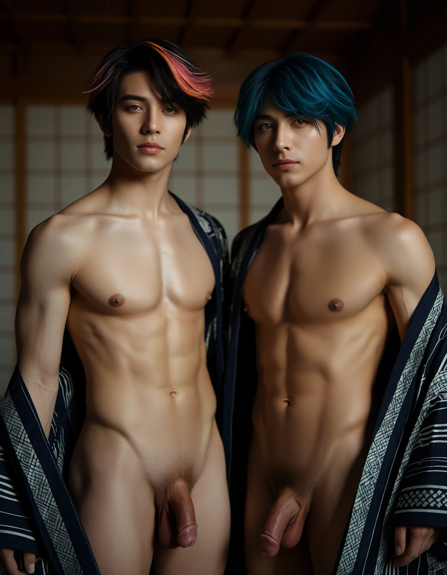 ultra HD, lifelike, 2boys, streaked hair, japanese clothes, fully nude, studio photo, score_9, score_8, candid photo, realistic skin texture, visible skin pores, film grain, depth of field
