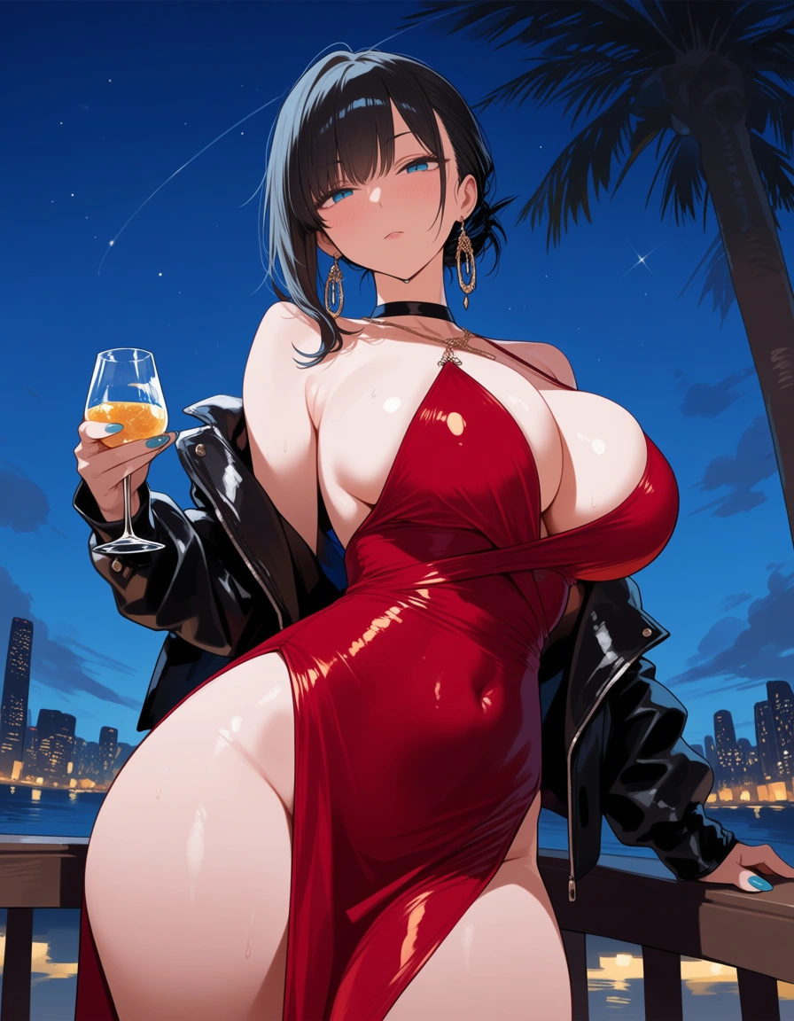 hentai_studio_quality, masterpiece, best quality, solo female, cleavage, cocktail dress, presenting, outdoors, detailed shading