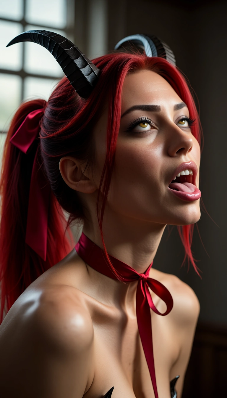 dslr, film grain, photorealistic, demon woman, ponytail, ribbon, ahegao, window light, RAW photo, score_9, score_8, candid photo, realistic skin texture, visible skin pores, film grain, depth of field