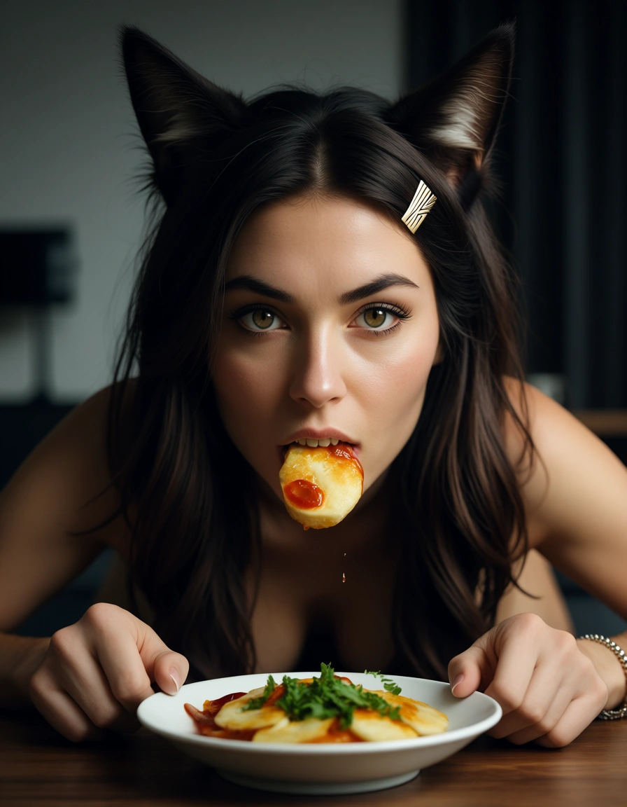 cinematic photo, 8k, catgirl, hair ornament, food, doggy style, volumetric light, dslr quality, score_9, score_8, candid photo, realistic skin texture, visible skin pores, film grain, depth of field
