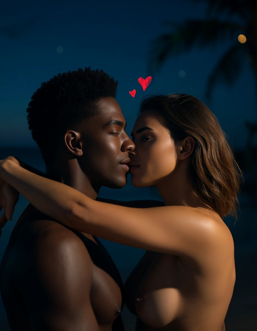 sharp focus, 8k uhd, couple, dark-skinned male, heart, topless, night, studio lighting, 8k uhd photo, score_9, score_8, candid photo, realistic skin texture, visible skin pores, film grain, depth of field