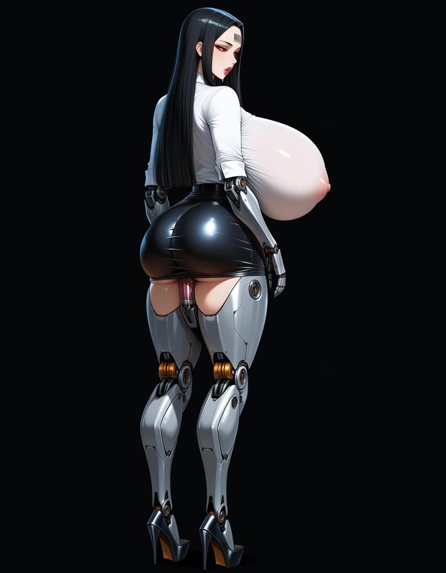 mechanical arms and legs robotic nude woman (white shirt, black leather miniskirt, long black fringe hair, makeup, red_eyes, big lips, connected_collar, barcode tattoo on her forehead, gigantic huge breasts, thick thighs, standing up, hidden dildos in her ass, expressionless, looking_afar, drooling), vaginal sex, from behind, first person view. BREAK : in a office room, realistic., hentai_studio_quality