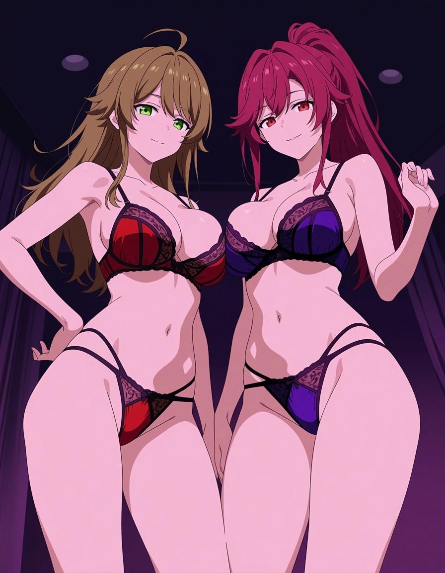 two university student women in silk lingerie scissoring, (anime style:1.3), 2d, anime screencap, cel shading, flat color