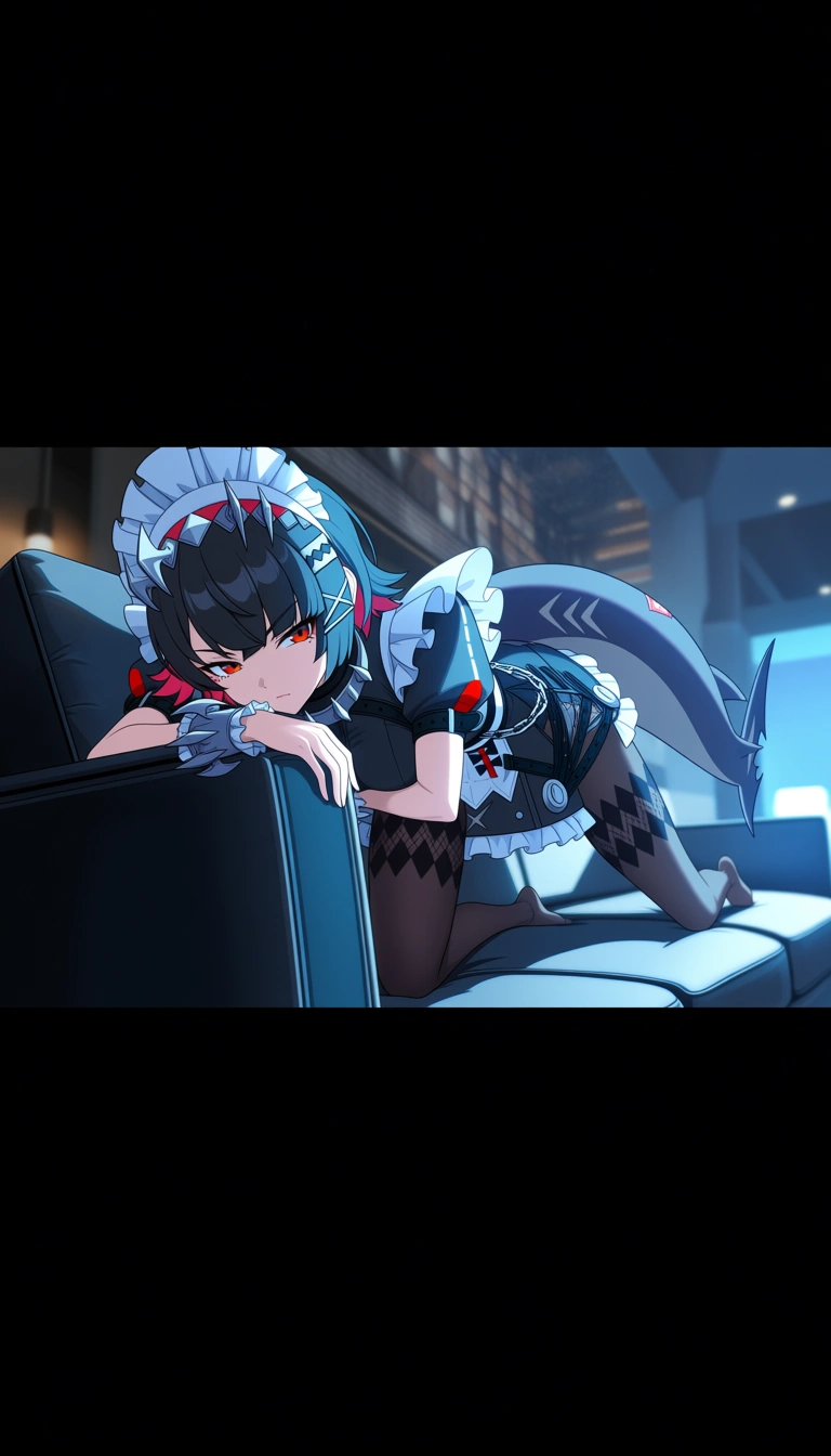 Ellen Joe, Zenless Zone Zero, sitting on a modern sofa, confident expression, shark tail visible, silver hair, blue eyes, detailed outfit, cinematic lighting, ultra detailed, anime style, masterpiece, high quality, dynamic pose, professional illustration, depth of field, highly detailed background, 8k doggystyle, hentai_studio_quality