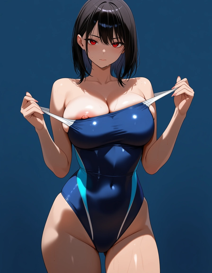 Girl in swim suit with one strap slipping revealing one of her tits, hentai_studio_quality