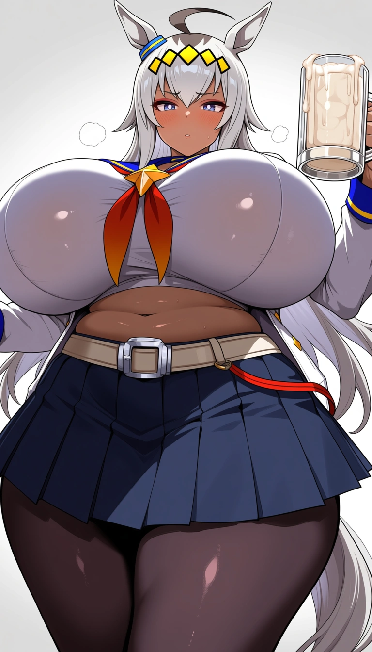 @oguri_cap_(umamusume). Gyaru. Gyaru tight-fitting clothes. gigantic breasts. chubby Sexy. Prostitution. Gyaru style makeup. Cum mug., hentai_studio_quality