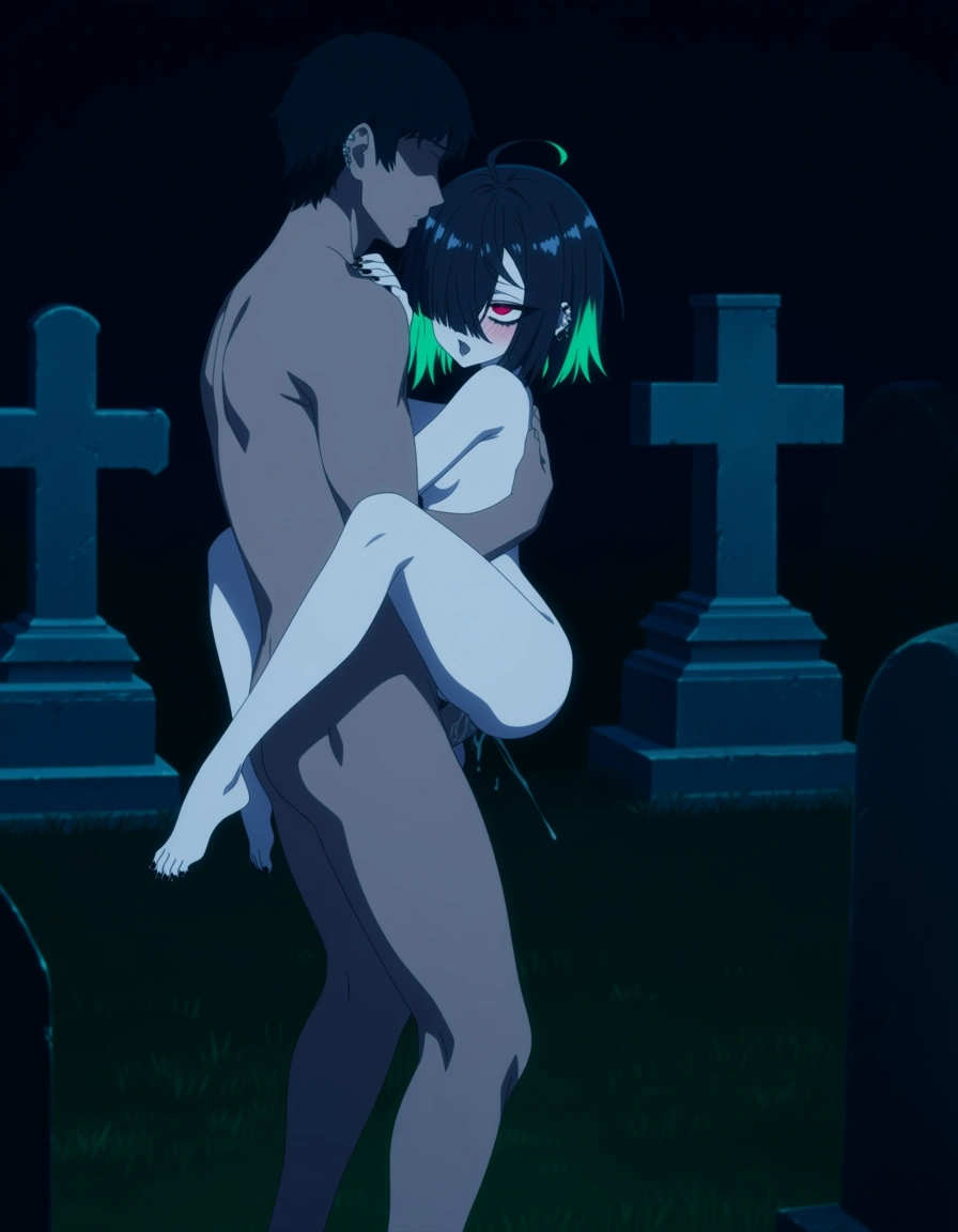 Smally goth girl, white pale skin ,black hair with green highlights, lots of tatoos an piercings, full body view, in a graveyard naked, nude, with a tall man, haveing sex, dick in pussy,  balls deep, highest resolution, (anime style:1.3), 2d, anime screencap, cel shading, flat color, hentai_studio_quality