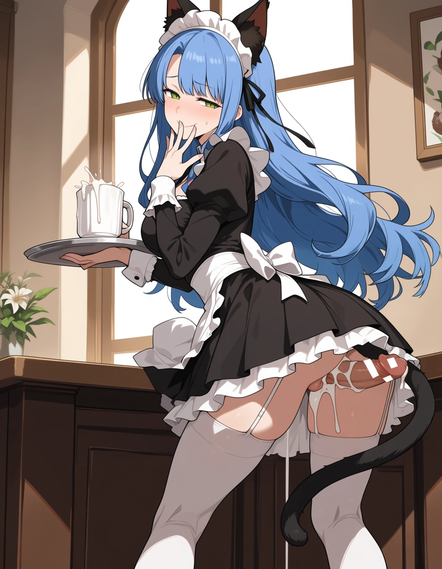 (anime style:1.3), 2d, anime screencap, cel shading, flat color, roxy_migurdia , (futanari) , (futanari_masturbation) , neko ears , neko tail , maid , cum in cup , semen in cup , (breasts_out)