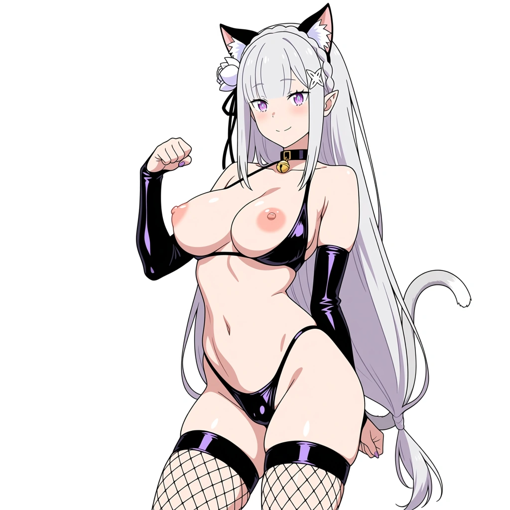 @emilia_(re:zero) , wearing sexy catgirl outfit with cat ears and tail, black latex bikini, exposed nipples, fishnet stockings, nipples fully visible , futanari