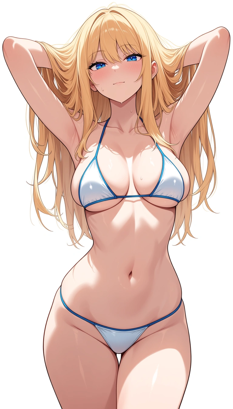 white blue micro bikini, hands on hair,shiny skins,blushing , hip dance sensually,blonde hair,blue eyes, medium breasts,narrow waist