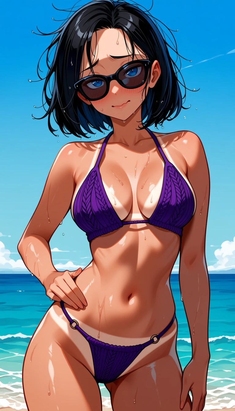 Puuzaki puuna artstyle, accurate anatomy, perfect anatomy, blue eyes, black hair, wet messy hair, medium bob hair, open forehead, black sunglasses, puffy lips, shy, embarrassed smile, naked, dark violet colored knit bikini, dark violet colored knit tied thong, standing, sexy posing, knee-length view, on the beach, sea on background, medium breasts, ultraskinny body, hand on waist, light bikini tan lines, hentai_studio_quality