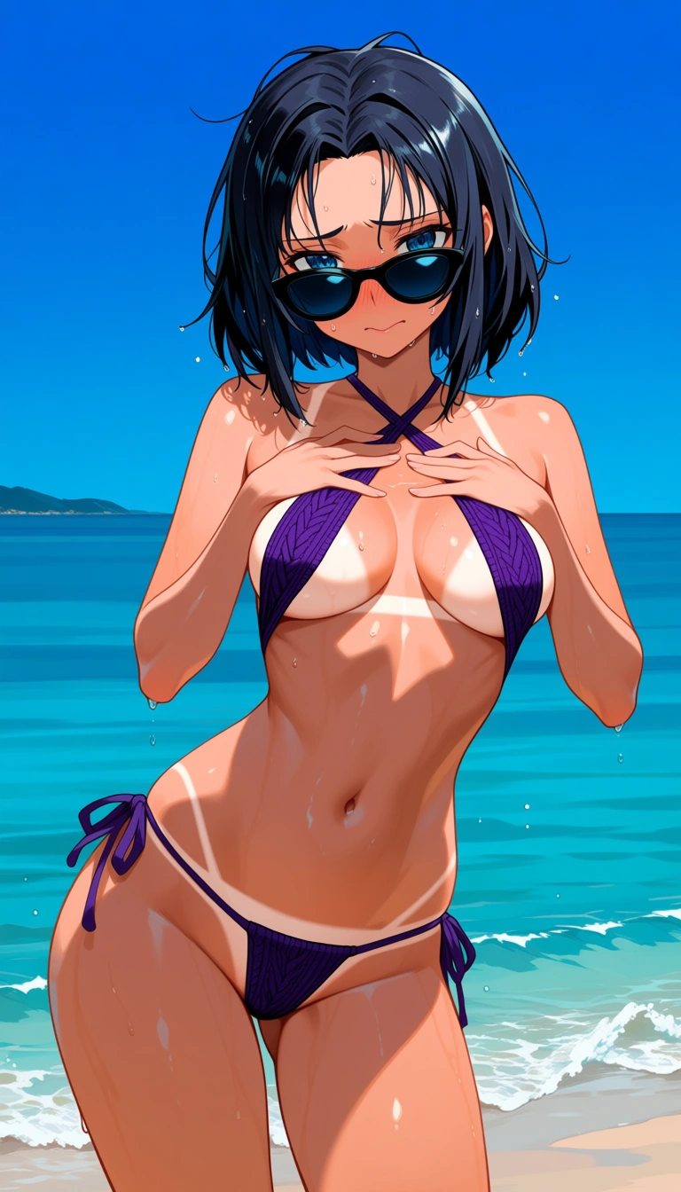 Sword art online artstyle, accurate anatomy, perfect anatomy, blue eyes, black hair, wet messy hair, medium bob hair, open forehead, black sunglasses, puffy lips, shy, embarrassed smile, naked, dark violet colored knit bikini, dark violet colored knit side tied thong, standing, sexy pose, knee-length view, on the beach, sea on background, medium breasts, ultraskinny body, light bikini tan line, hentai_studio_quality