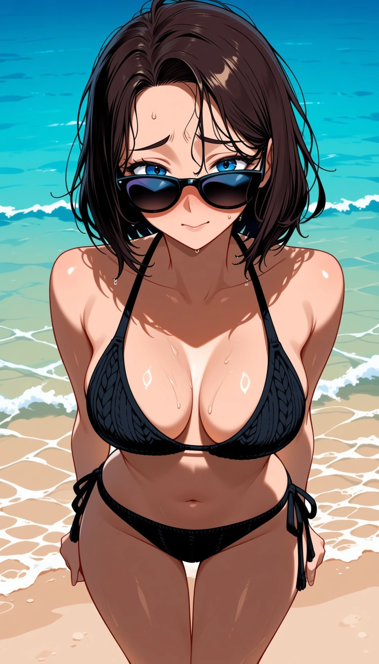 accurate anatomy, perfect anatomy, blue eyes, dark brown hair, wet messy hair, medium bob hair, open forehead, black sunglasses, puffy lips, shy, embarrassed smile, naked, black knit bikini, black knit side tied panties, sexy pose, on the beach, sea on background, medium breasts, ultraskinny body, shiny skin, hentai_studio_quality