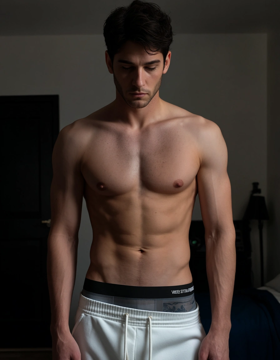 Mple style:1.2), (less detail:1.2), (flat colors:1.2), l color
Male, tired,
white sweatpants, shirtless, pants halfway down, underwear, buldge, score_9, score_8, amateur photo, phone snapshot, realistic skin texture, skin blemishes, soft indoor lighting
