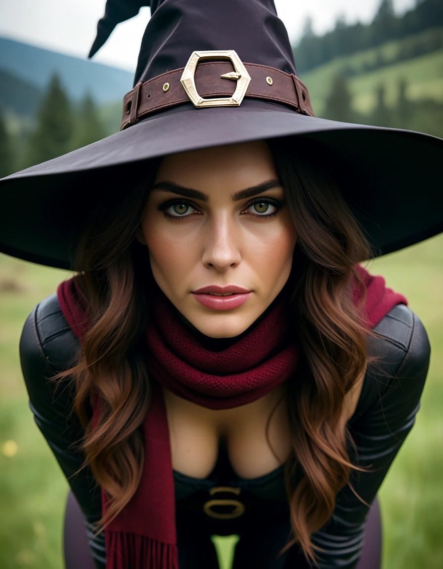 sharp focus, 8k uhd, witch, bent over, scarf, day, film photography, score_9, score_8, candid photo, realistic skin texture, visible skin pores, film grain, depth of field
