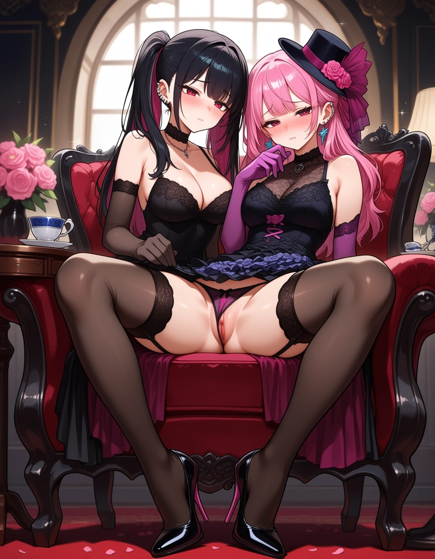 femdom , clitoris , sad , girlfriend, pink_sweater, ear_piercing, nose_blush, gloves, panties, shoes, hat_feather, teacup, hentai_studio_quality
