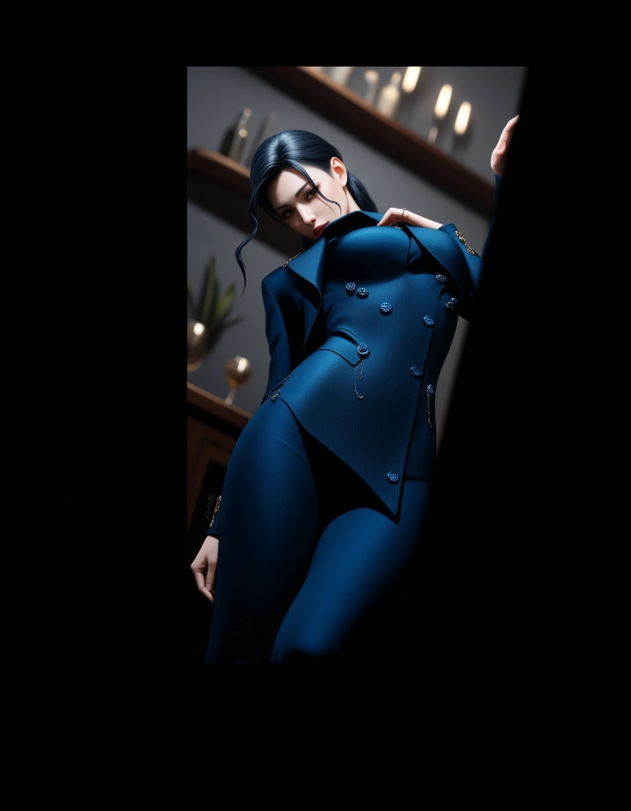 professional photo, high detail, dutch angle, solo female, presenting, buttons, blurry background, mysterious vibe, photorealistic, hentai_studio_quality