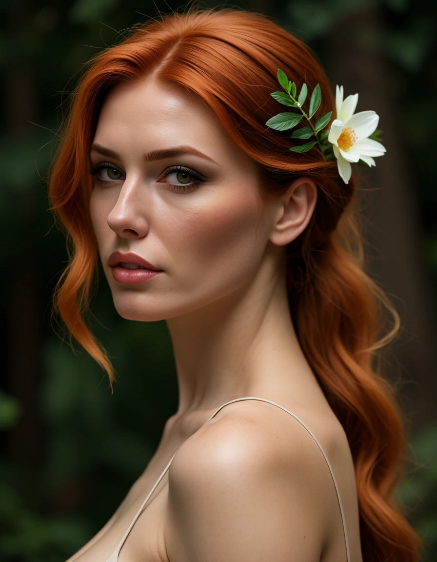 best quality, hyperrealistic, redhead woman, hair ornament, elbow g, score_9, score_8, candid photo, realistic skin texture, visible skin pores, film grain, depth of field