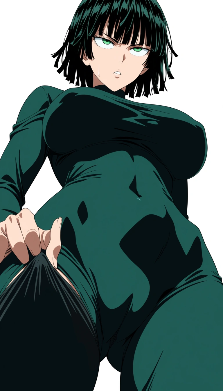 (anime style:1.3), 2d, anime screencap, cel shading, flat color, @00osamio00, @fubuki_(one-punch_man) 

taut_clothes heavy_breathing rolling_eyes ass_visible_through_thighs thighhighs leg_grab pussy_juice