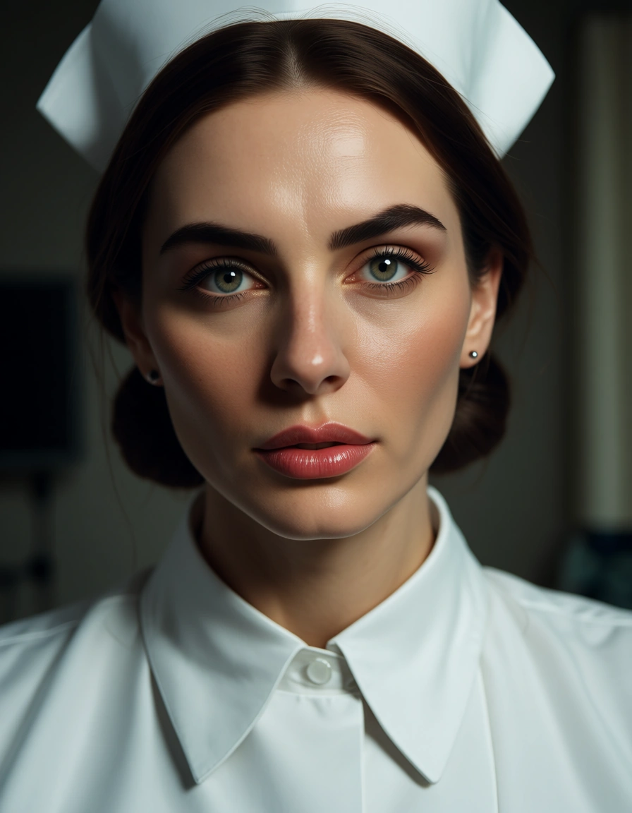 studio quality, sharp focus, nurse, presenting, lips, dreamy atmosphere, hyperrealistic, score_9, score_8, candid photo, realistic skin texture, visible skin pores, film grain, depth of field