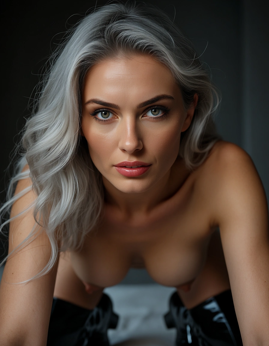 best quality, hyperrealistic, 1girl, grey hair, boots, doggy style, golden hour, 8k uhd photo, score_9, score_8, candid photo, realistic skin texture, visible skin pores, film grain, depth of field