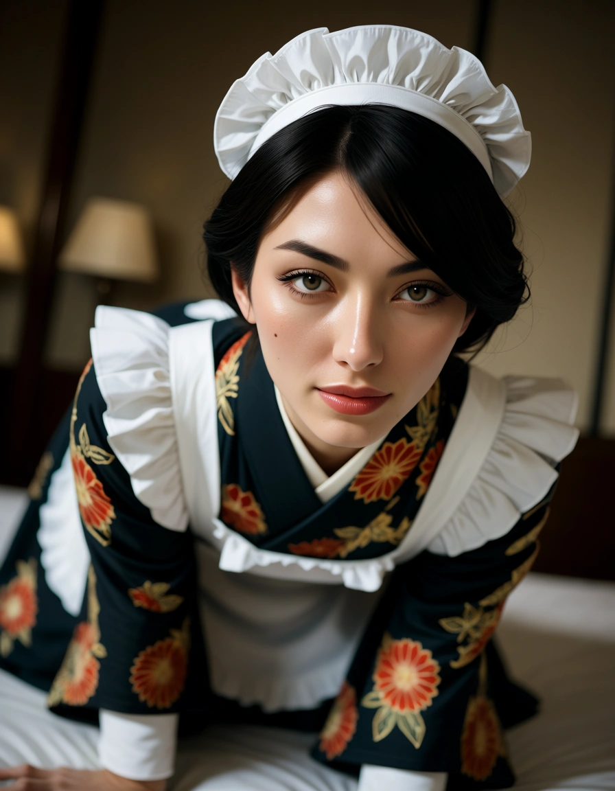 cinematic photo, 8k, maid, mole, japanese clothes, on all fours, military, dutch angle, lifelike render, score_9, score_8, candid photo, realistic skin texture, visible skin pores, film grain, depth of field