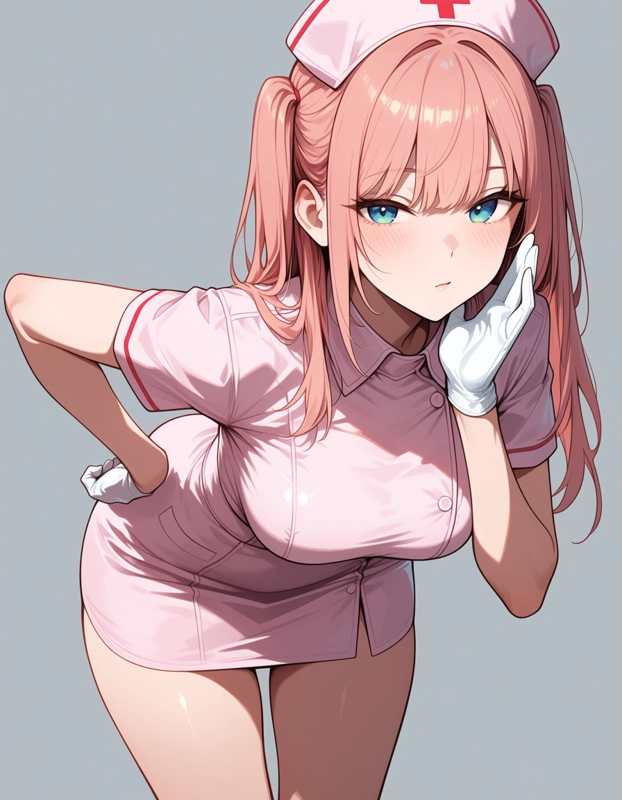 hentai_studio_quality, masterpiece, clean art, nurse, bent over, hands up, grey background, doujin style