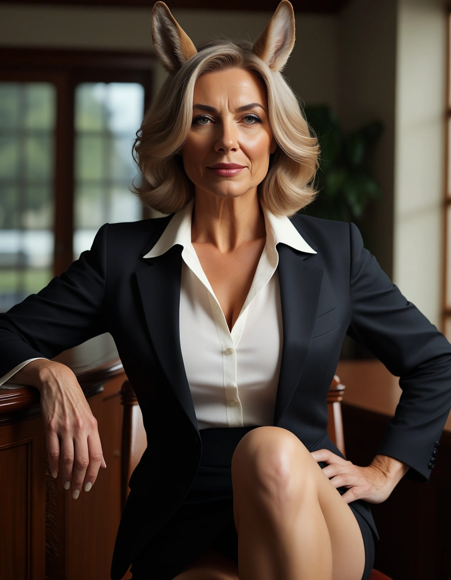 highly detailed, natural lighting, 92 years old mature_female , horse ears, office wear, leg up, cowboy shot, photorealistic, score_9, score_8, candid photo, realistic skin texture, visible skin pores, film grain, depth of field