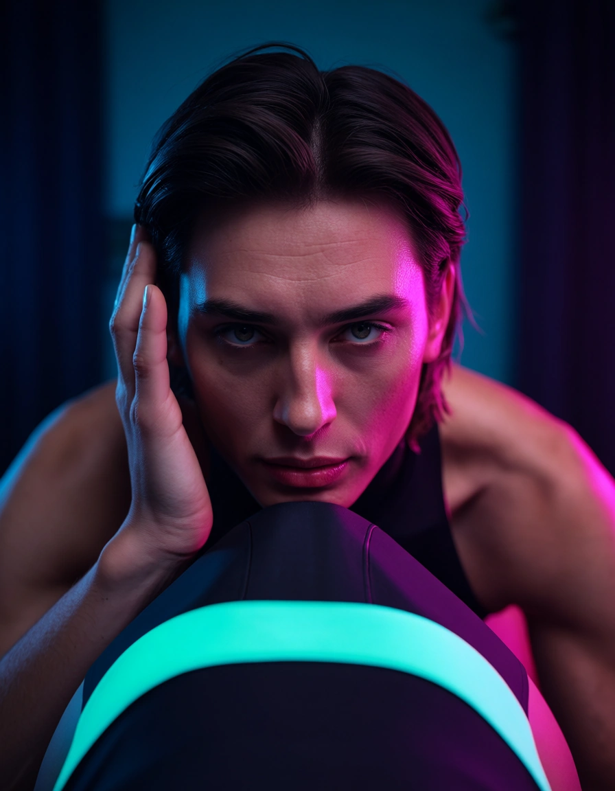 dslr, film grain, photorealistic, 2boys, bare arms, official alternate costume, futanari, POV, neon glow, 8k uhd photo, score_9, score_8, candid photo, realistic skin texture, visible skin pores, film grain, depth of field