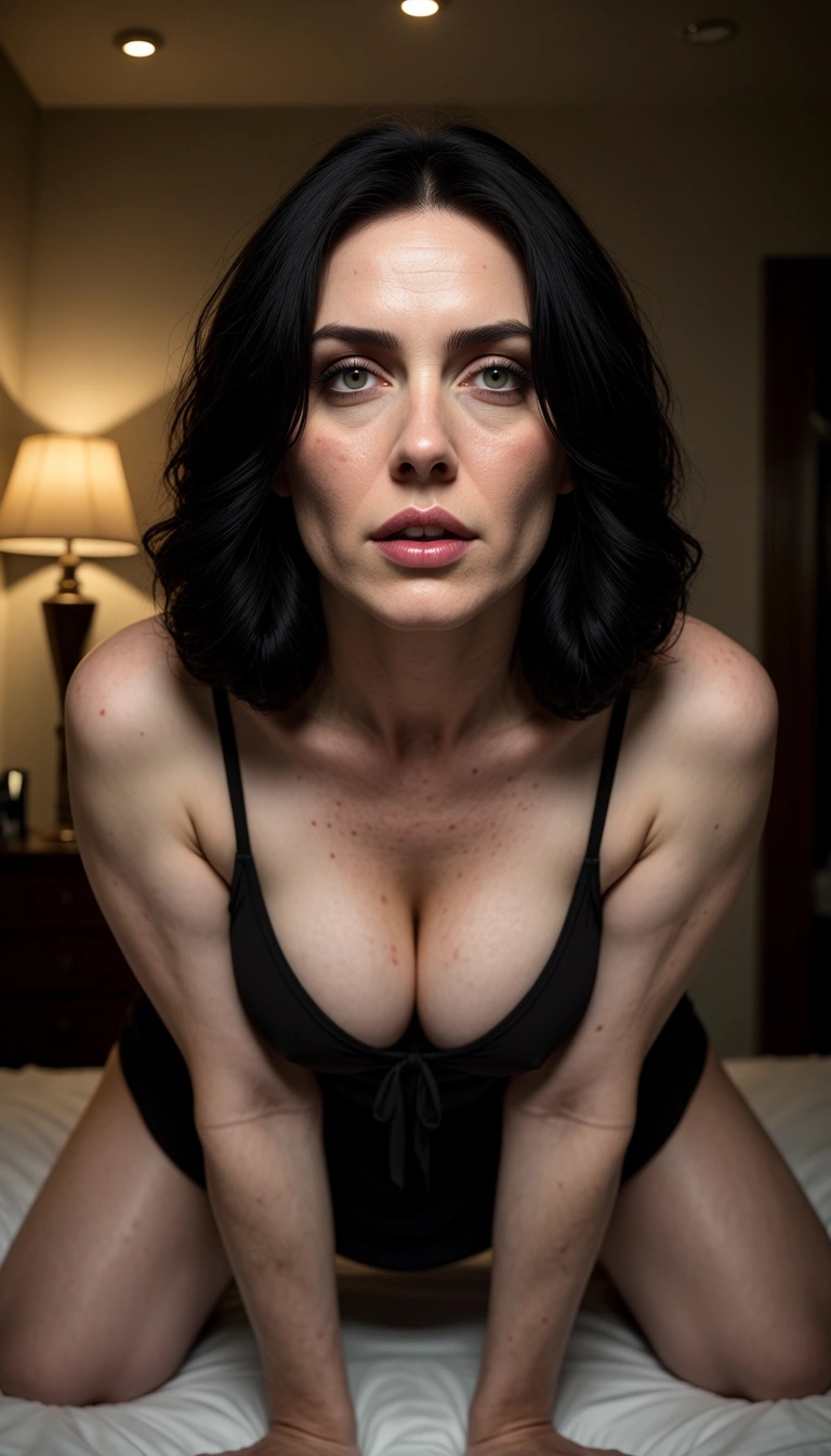 highly detailed, natural lighting, mature female , gothic , doggystyle , collarbone, film photography