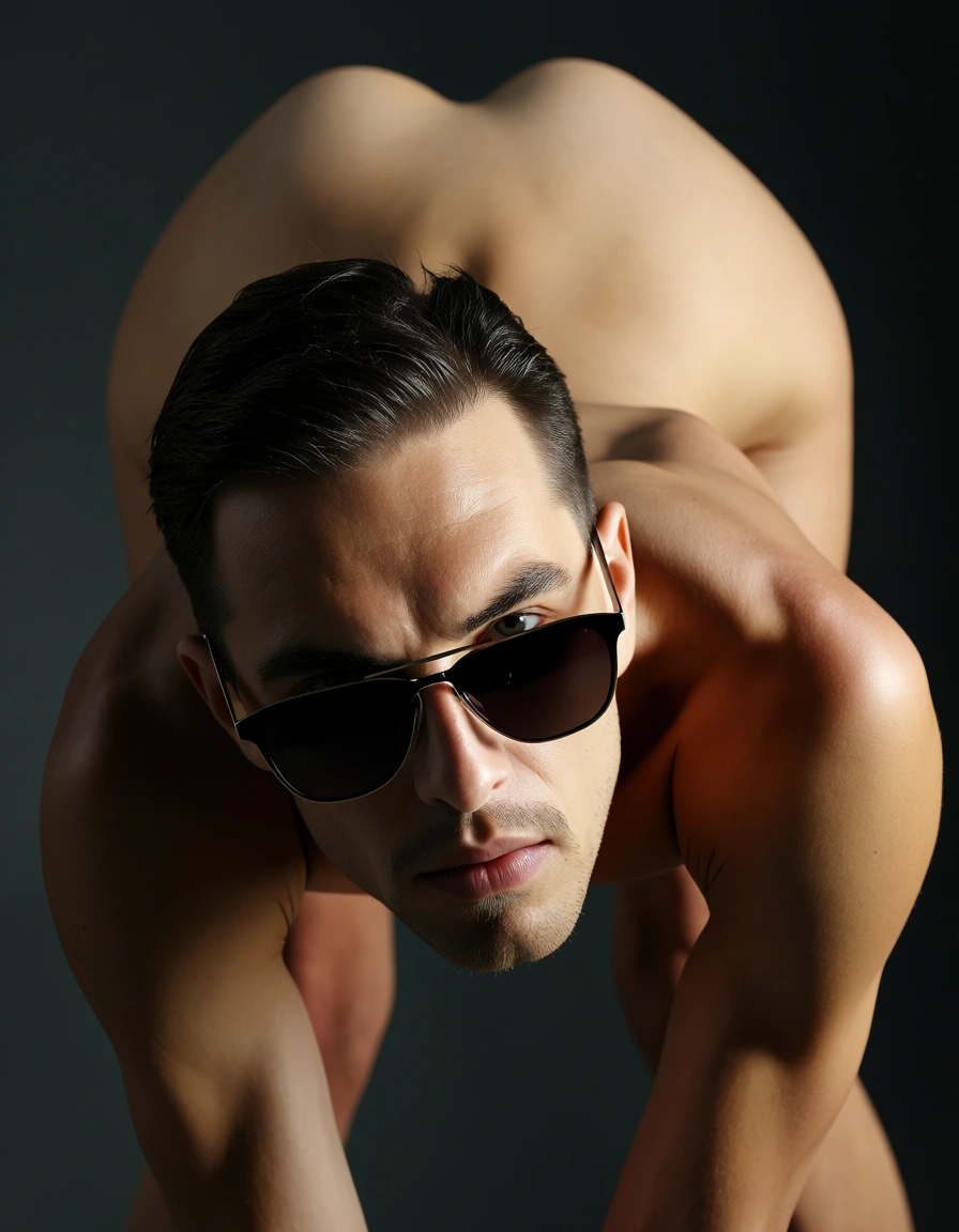RAW photo, ultra realistic, wide shot, 1other, bent over, sunglasses, natural skin texture, score_9, score_8, candid photo, realistic skin texture, visible skin pores, film grain, depth of field
