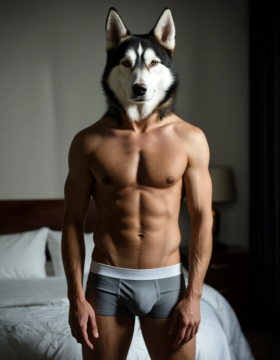 Realistic portrait of an adult husky man in a softly lit bedroom, standing confidently in underwear, natural body proportions, detailed skin texture, cinematic shadows, high realism, score_9, score_8, candid photo, realistic skin texture, visible skin pores, film grain, depth of field