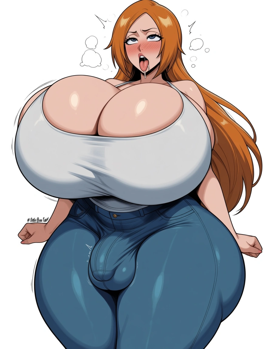 Bleach style , @inoue_orihime ,large and gigantic breasts, thick thighs, white background, gigantic ass, bubble breasts, bubble ass, massive breasts, massive ass, curvy ,
futanari , bulge , jeans, tight_clothes, front_view, cumming_with_clothed, silly_face, orgasm , white_tank_top ,
tongue_out , eye_rolled_up, flush, drooling , squish_own_penis, bottom_heavy
#ultra_detailed,, hentai_studio_quality, hentai_studio_quality