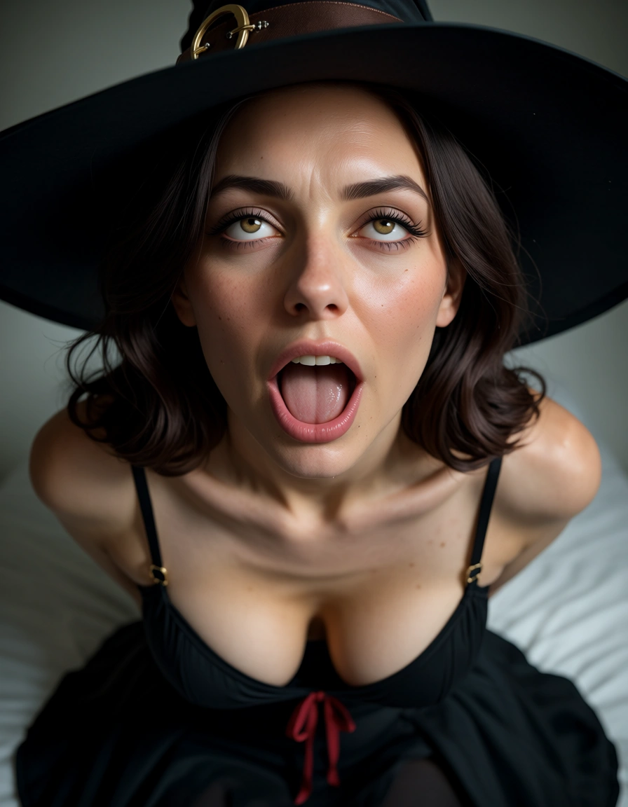 professional photo, high detail, witch, black skirt, ahegao, cinematic realism, score_9, score_8, candid photo, realistic skin texture, visible skin pores, film grain, depth of field