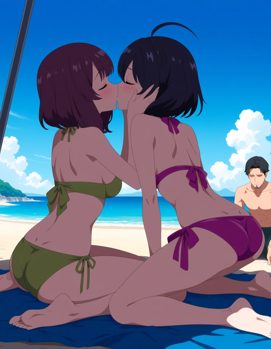 Two girls kissing on the beach while a man sits on a towel nearby., (anime style:1.3), 2d, anime screencap, cel shading, flat color