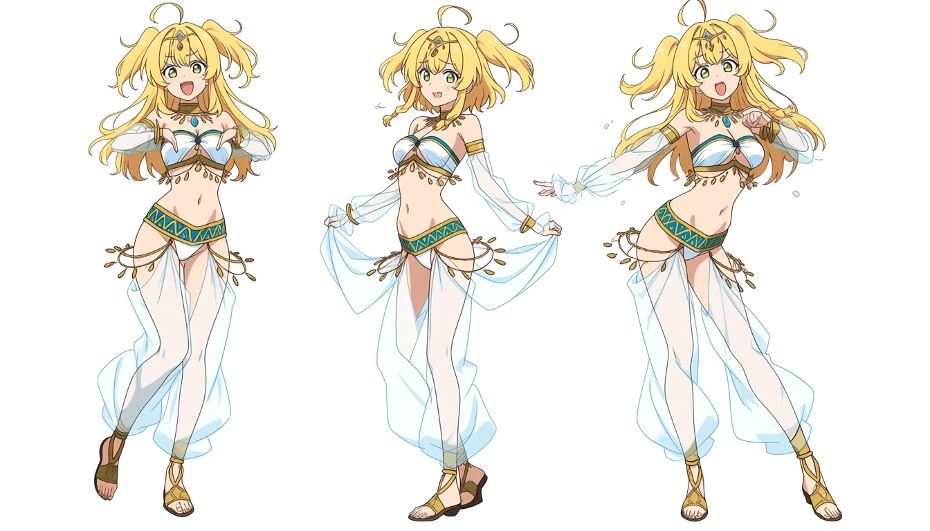 A cute blode girl in an ornate and skimpy harem outfit. She does an energetic, erotic dance. She turns and wiggles, proudly showing herself off.
