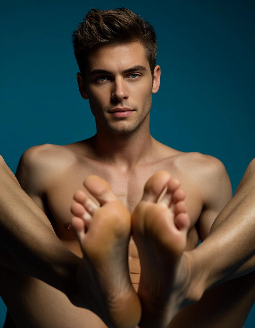 sharp focus, 8k uhd, low angle, male focus, spread legs, feet, blue background, confident gaze, lifelike render, score_9, score_8, candid photo, realistic skin texture, visible skin pores, film grain, depth of field